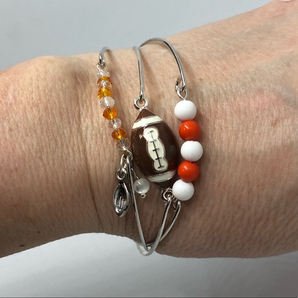 3 Piece Bangle Football Bracelets Orange White Beads Enamel Football Cha… - Picture 3 of 3